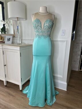 Angela & Alison Aqua Illusion Neck Mermaid Prom Dress